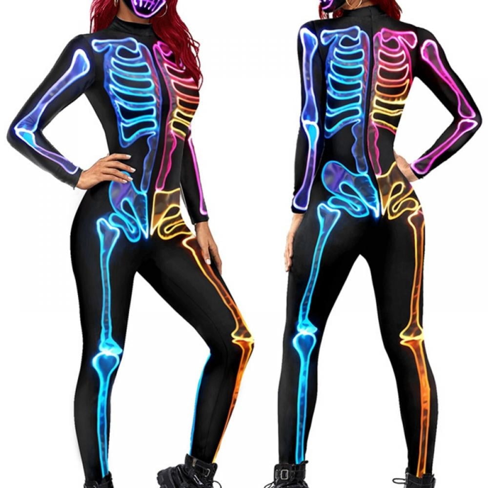 Halloween Tight Jumpsuit Ladies Long-sleeved 3D Color Fluorescent Skeleton Print Bodysuit