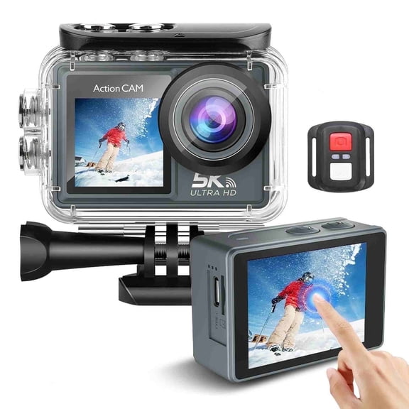5K Action Camera with 64GB SD Card, 50MP Ultra HD Waterproof Underwater Camera 100FT, Dual Screen Touch Control, EIS Stabilization & Remote for Sports, Diving, Vlogging