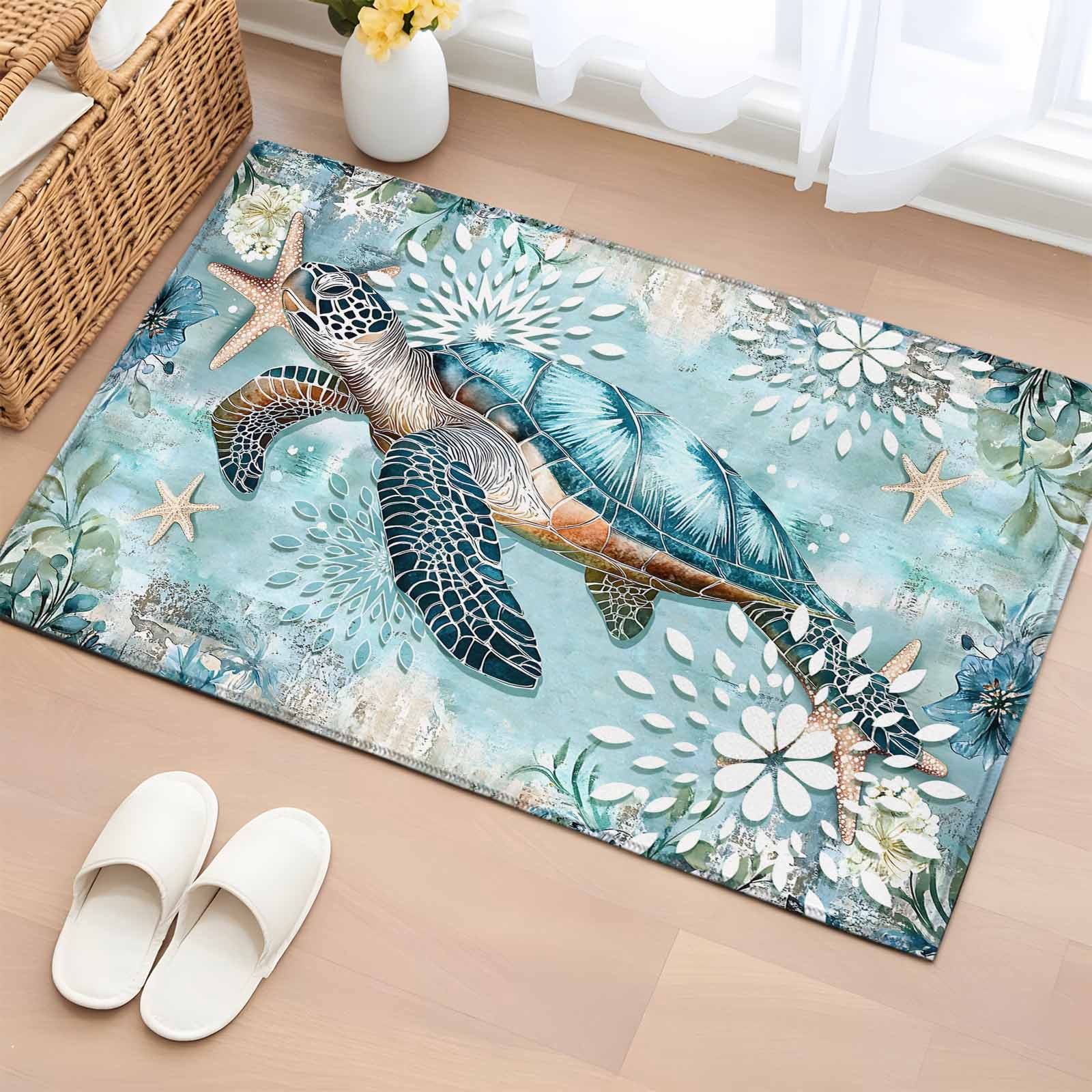 Entrance Runner Rug 2'x3',Sea Turtle Coastal Non-slip Doormat for Indoor Outdoor Entrance,Vintage Teal Nautical Beach Botanical Throw Floor Mat for Front Door/Living Room/Bedroom/Bathroom/Kitchen