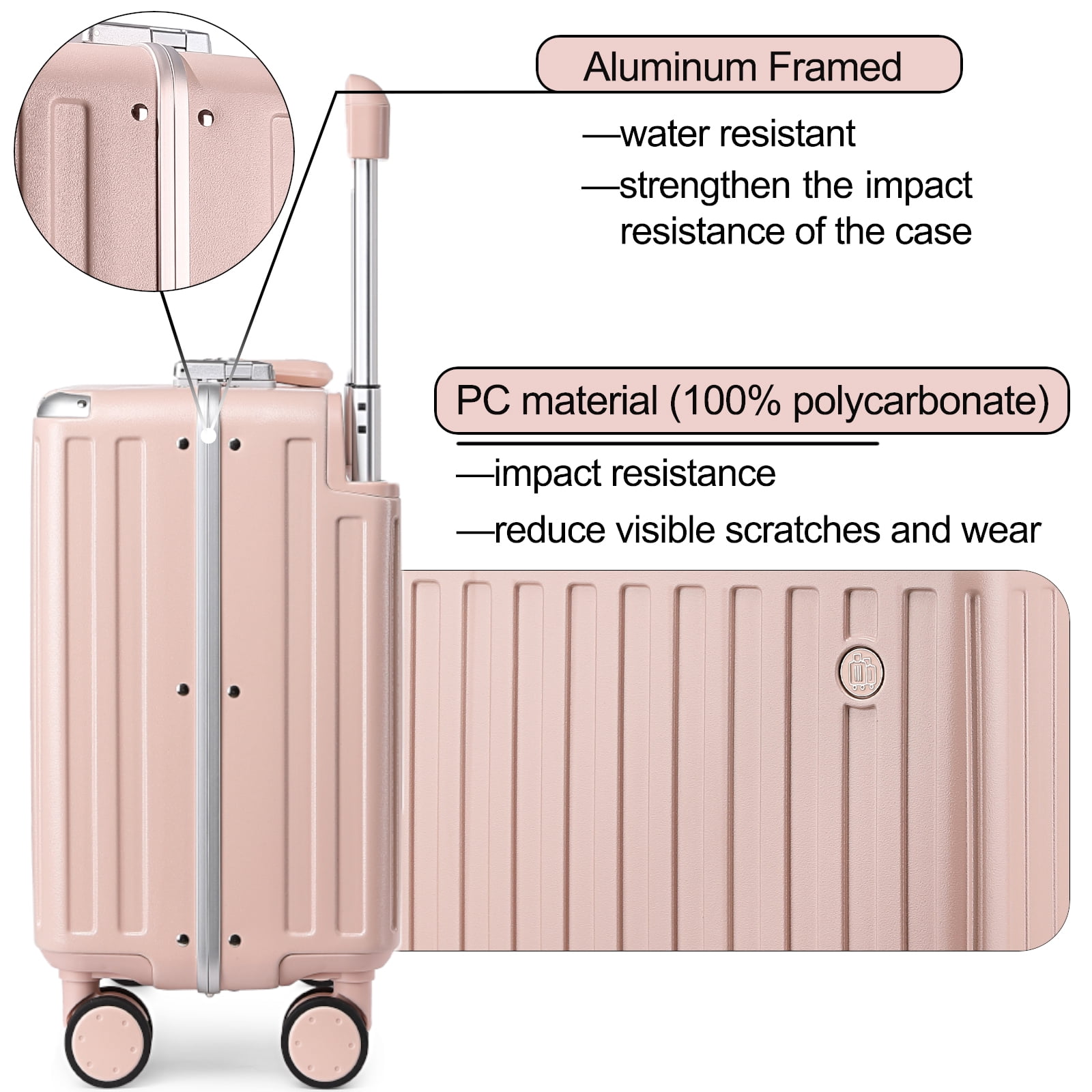 Somago Aluminum Frame 18" Carry On Luggage Wide Handle Suitcase Built-In Double TSA Lock Hardside Lightweight PC Travel Suitcase with Spinner Wheels