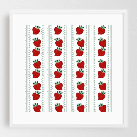 Strawberries on White Stripes - Digital Art Fruit Pattern Kitchen Decor Illustration Summer Pop Art White Framed Wall Art Print 8 x 8 inches