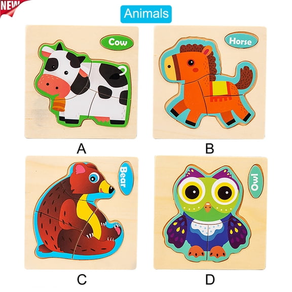 4 Pack Wooden Animal Chunky Jigsaw Peg Puzzles for Toddlers Age 3 ,Montessori Preschool Educational Toys,Fine Motor Hand Eye Coordination Learning Game, Safe Wood Stocking Stuffer Gift for Boys Girls