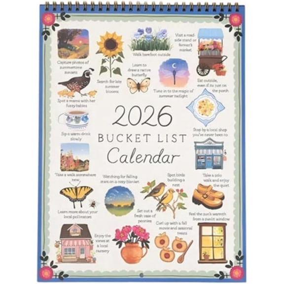 Yippzo 2026 Bucket List Calendar - Inspirational Goal Planner with Illustrated Monthly Pages, Spiral Wall Calendar for Mindful Living, Goal Setting & Gift for Friends & Family
