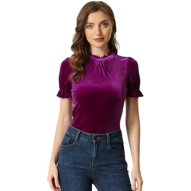 Blusa de terciopelo Allegra K con cuello de volantes para mujer Púrpura XL