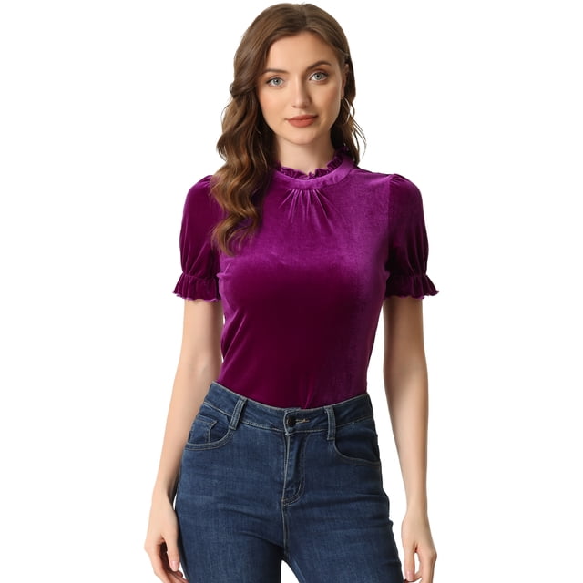 Blusa de terciopelo Allegra K con cuello de volantes para mujer Púrpura XL