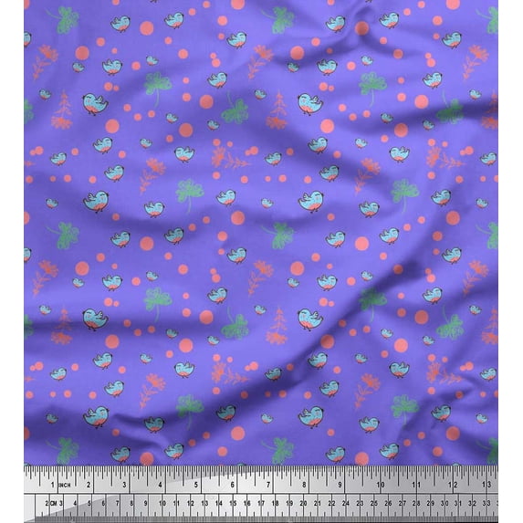 Soimoi Polyester Crepe Fabric Dot,Leaves & Bird Cartoon Fabric Prints by Yard 52 Inch Wide