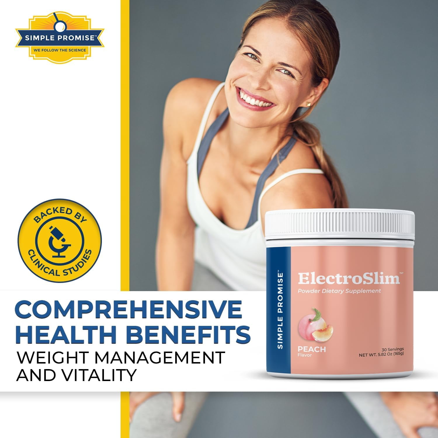 Simple Promise ElectroSlim - Sugar-Free Keto Electrolytes Powder -  No Sugar Formula for Daily Energy Support and  Hydration, Low Sodium Organic Electrolytes Powder,   - 30 Servings, Peach Flavor
