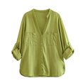 thumbnail image 2 of Tops ! Xihbxyly Linen Shirts for Women Loose Fit, Women's V-Neck Long Sleeve Loose Button Cotton and Linen Tunic Shirts Summer Shirts Blouse Mint Green XS, 2 of 7