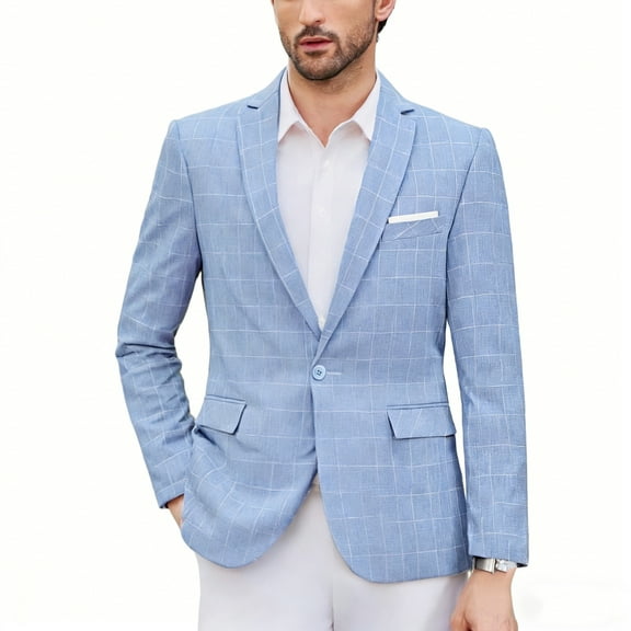 i.FineLong Men's Light Blue Checkered Business Casual Jacket
