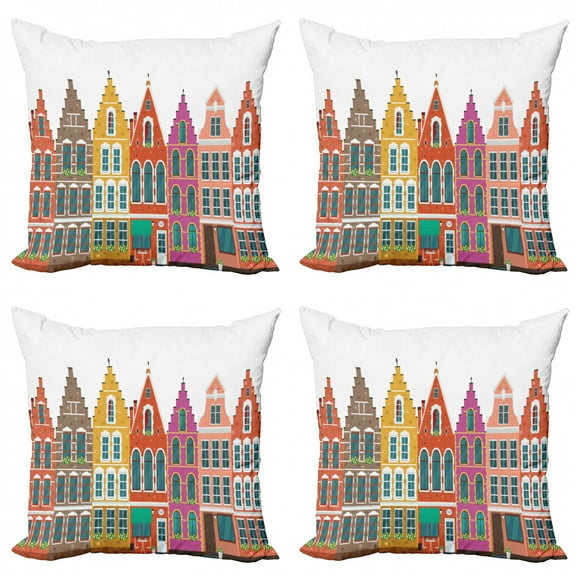 Ambesonne Amsterdam Throw Pillow Cover 4 Pack, European Colorful Houses, 16", Burnt Orange Multicolor