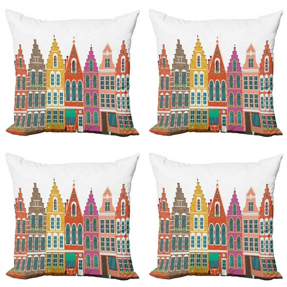 Ambesonne Amsterdam Throw Pillow Cover 4 Pack, European Colorful Houses, 18", Burnt Orange Multicolor