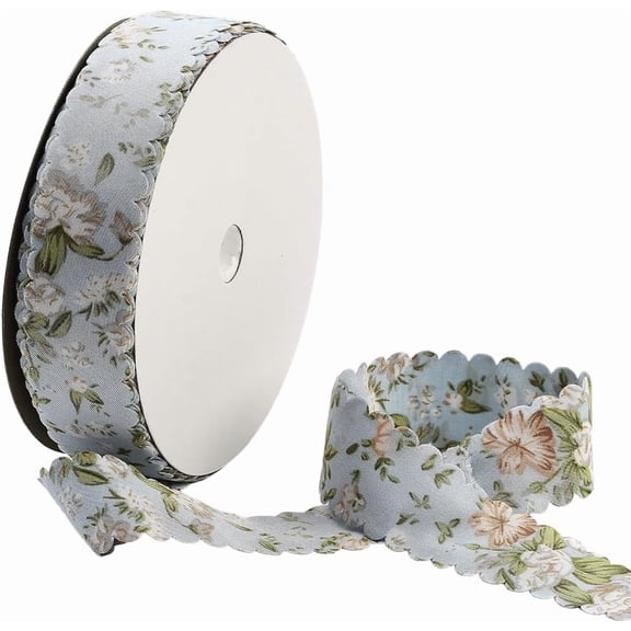 20 Yards Blue Floral Print Ribbon Flower Pattern Ribbon Vintage Spring Polyester Wavy Edge Ribbons Bulk with Spool