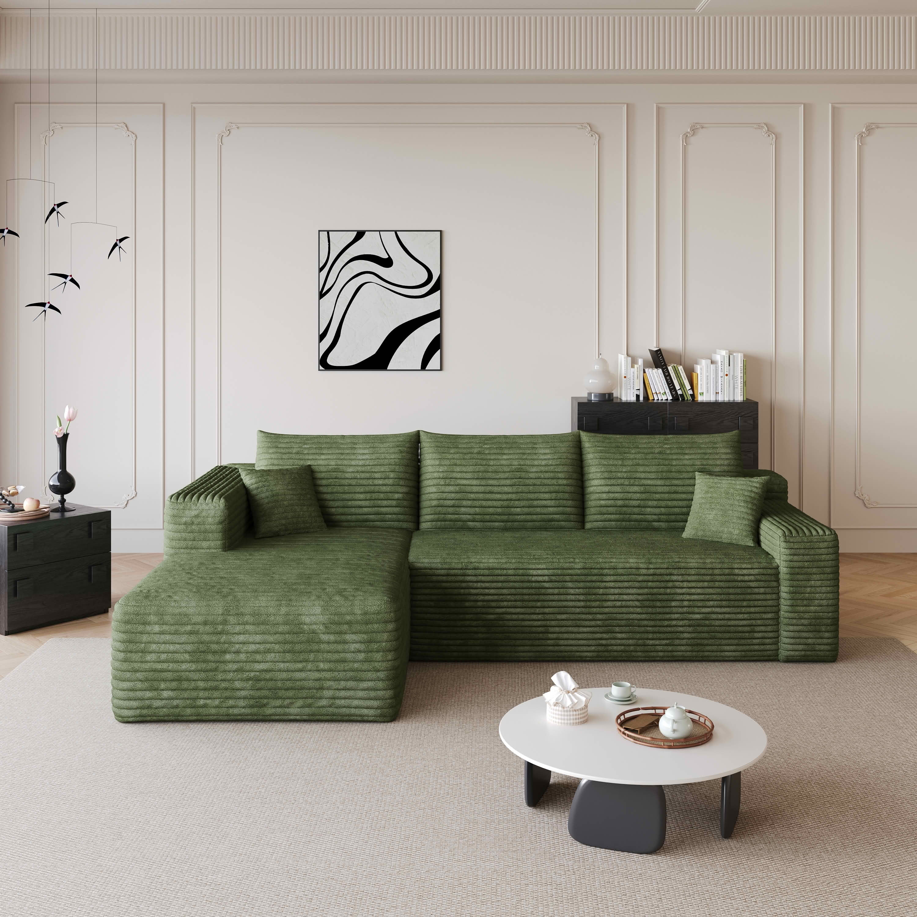 MAYEERTY 95" Cloud Sectional Sofa, U-Shaped Corduroy Upholstered Deep Seat Couch, No Assembly for Living Room, Green