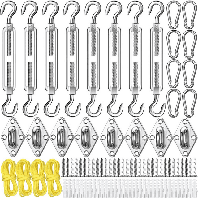 92 Pieces Shade Sail Hardware Kit Rust-Proof Shade Hardware Kit for Triangle Rectangle Shade Sail Installation Silver