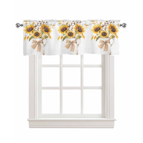 Sunflower Kitchen Valances for Windows Farmhouse Linen Window Valance Curtain for Living Room Window Treatment Farm Country Floral Botanical Plaid Bow Valance Rod Pocket Topper Drape, 42 x 12 Inch