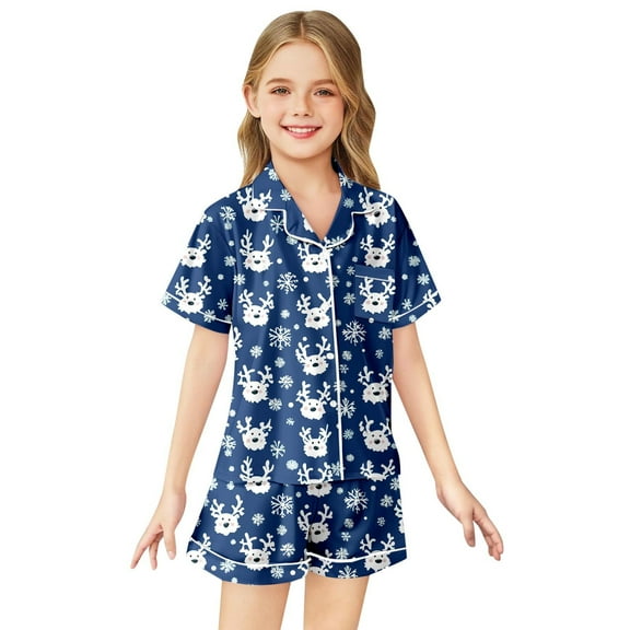 Teens Christmas Pajamas Kids Silk Pjs Christmas Print Long Sleeve Button down Sleepwaear Holiday Girl Pajamas Size 10-11 Years