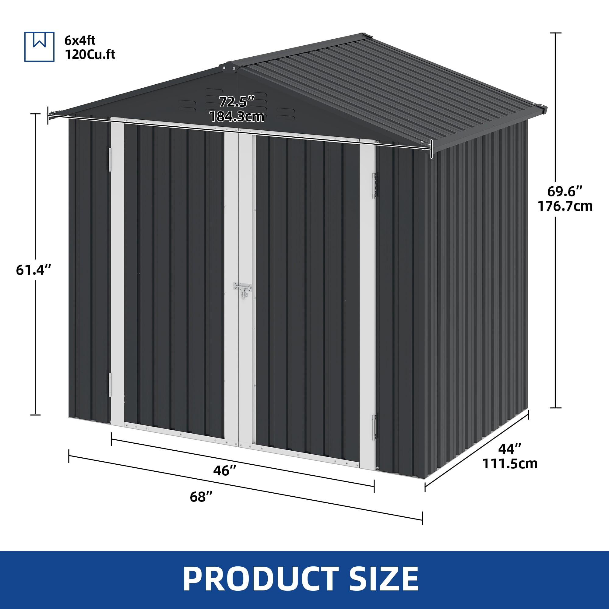 Uforic 6 Ft x 4 Ft Outdoor Tool Shed with Air Vents & Lockable Doors for Bikes & Tools, Dark Gray