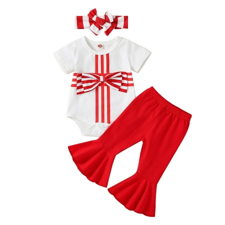 

ZIZOCWA Cute Clothes for Girls 10-12 Girls Short Sleeve Striped Bowknot Romper Bodysuit Bell Bottoms Pants Headbands Out Girls Sweat Outfits Little Girl Outfits With Hats Teens Winter Clot