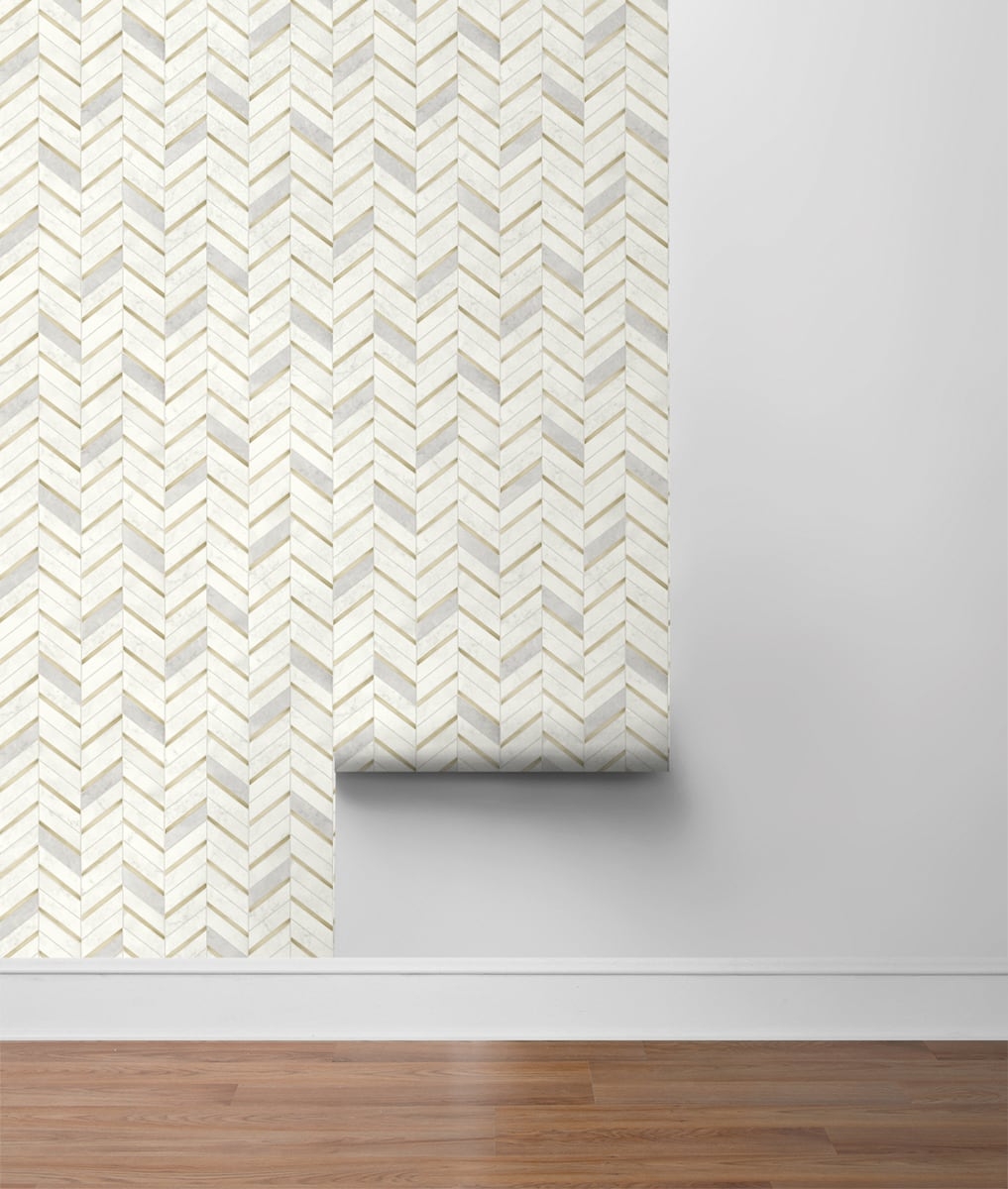 NextWall Metallic Gold & Pearl Gray Chevron Marble Tile Peel and Stick Wallpaper
