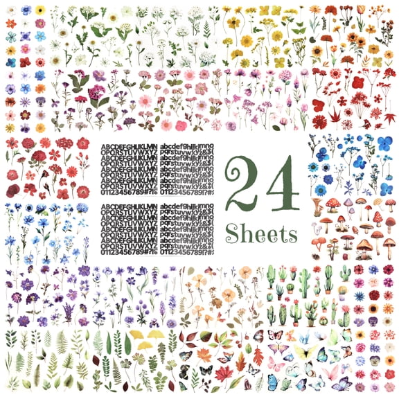 Style-Carry 760 Count Clear PET Floral Flower Stickers Pack, Transparent Scrapbook Journal Supplies with Bonus Letters for DIY Craft Décor Scrapbook