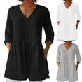 thumbnail image 1 of Fanxing Summer Linen Work Tops for Women Trendy Button Down V Neck Boho Long Tunics Tops S-2XL, 1 of 7
