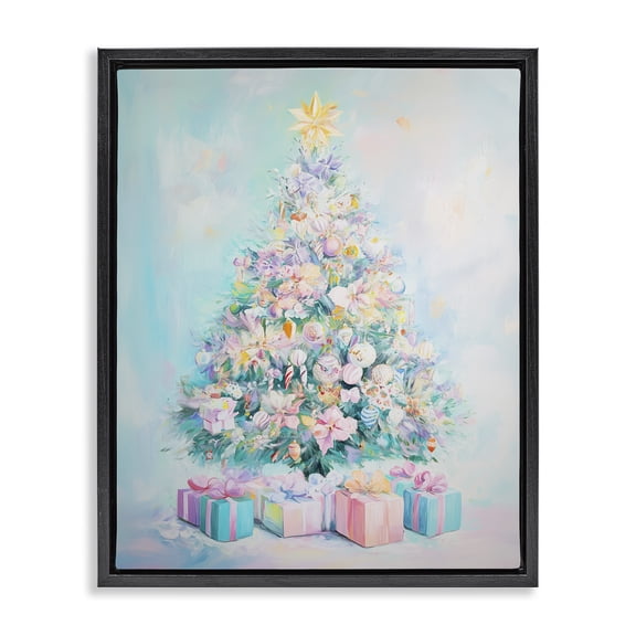 Stupell Industries Traditional Pastel Christmas Tree on Blue Black Floating Frame Canvas Art, 17 x 21, by Arlington Prints