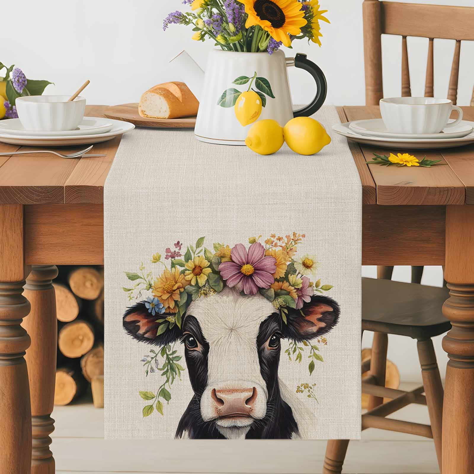Farmhouse Cow Colorful Garland Table Runner 90 Inches Long, Retro Linen Texture Table Runners Tabletop Scarf Kitchen Dining Tables Decoration for Home Party Indoor Outdoor