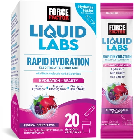 Force Factor Liquid Labs Electrolyte Powder, Hydration Powder with Biotin & Hyaluronic Acid for Hair, Skin & Nails, Tropical Berry, 20 Stick Packs
