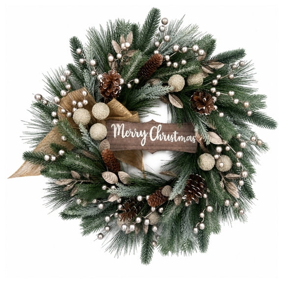 24 Inch Christmas Wreath for Front Door, Artificial PVC Wreath with Merry Christmas Wooden Sign, Burlap Bow, Pine Cones & Berries, Reusable Winter Holiday Wreath for Home Wall Fireplace Window Decor