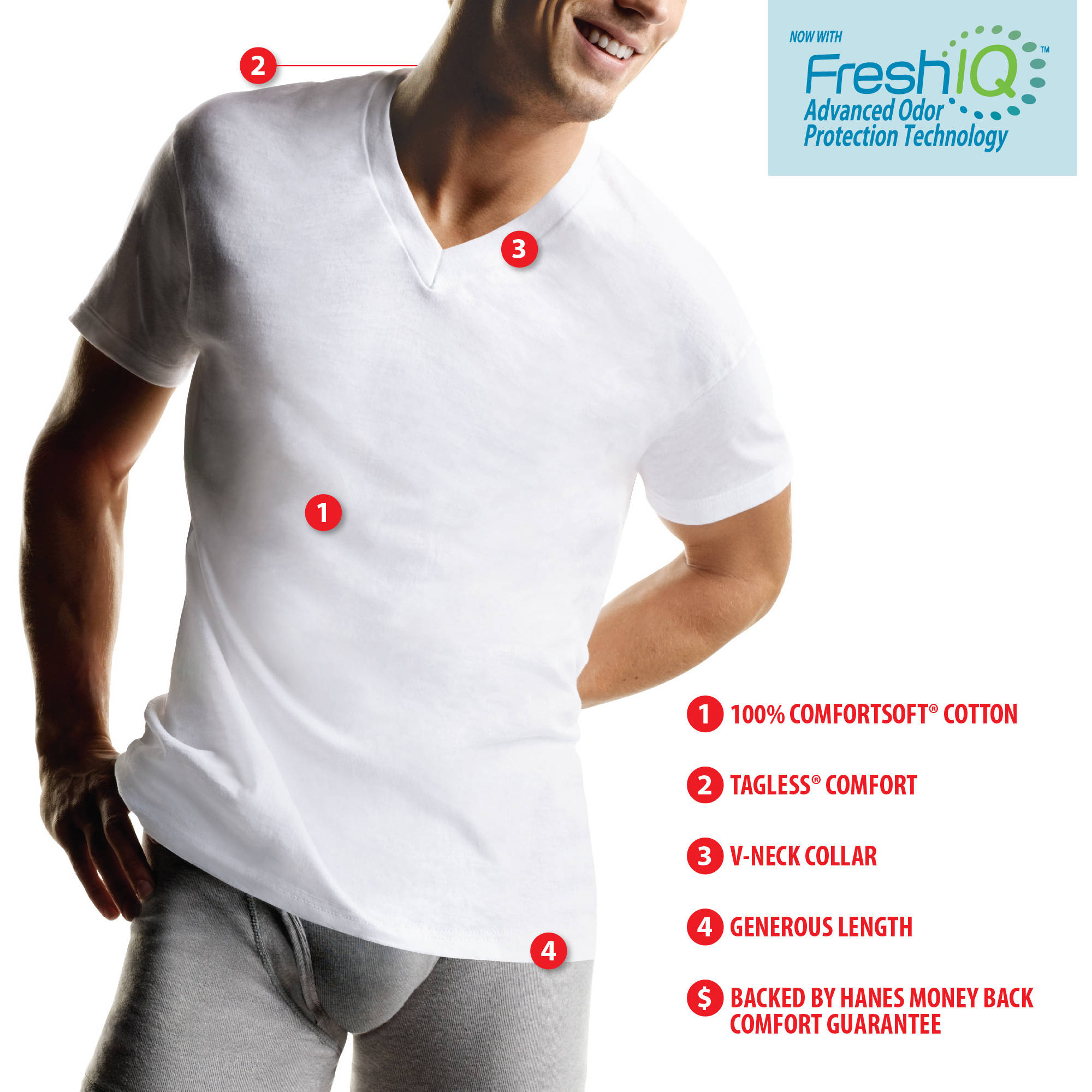Hanes Men's Fresh IQ White V-Neck T-Shirt 6+1 Free Bonus Pack - image 3 of 6