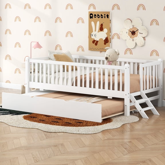 Noble House Elley Twin Platform Bed, Semi-Enclosed Fence Guardrail with Pull-Out Trundle, Solid Wood Frame, White