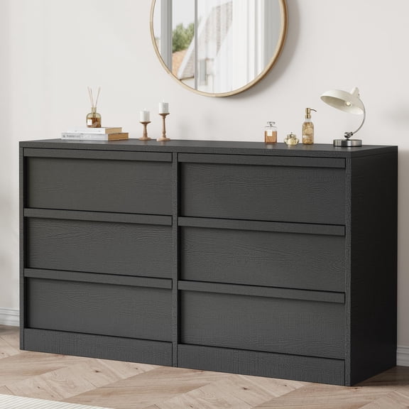 Modern Wide 6 Drawer Dresser for Bedroom - Black Wooden Chest - Large Storage Organizer for Living Room, Entryway, Nursery - Sleek Black Wood Grain Finish