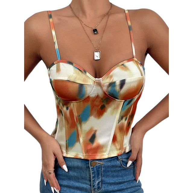 Mujeres Moda Cami Sin mangas Tie-dye Impreso Camisola Chaleco Crop Tops XBTCLXEBCO marrón, Grande