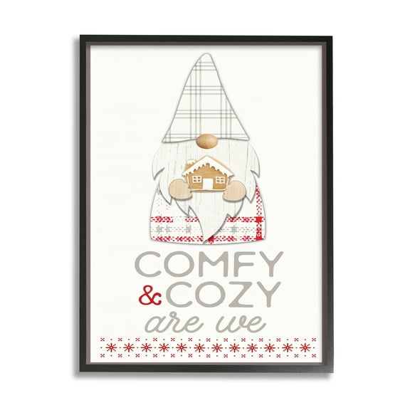 Stupell Industries Comfy and Cozy Phrase Red Plaid Christmas Gnome Fairy Tales & Fantasy Painting Black Framed Art Print Wall Art, 11 x 14