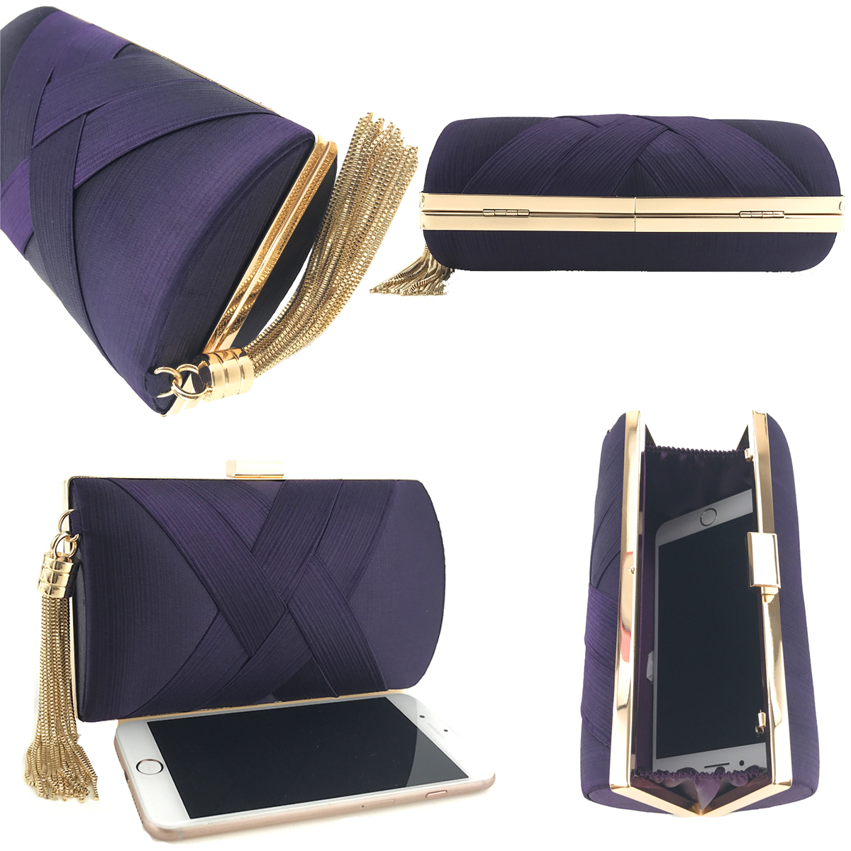 Handheld Women's Evening Clutch Bags Silk Satin Party Handbags Bridal Wedding Purses with Tassel Pendant,Dark Purple