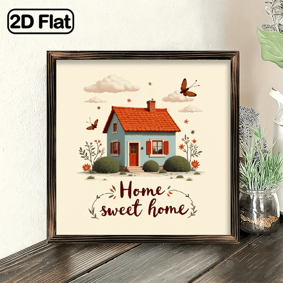 2D Flat - 1pc Vintage Wooden Framed Wall Art, Home Sweet Home Decoration, Vibrant Floral and Butterfly Design, Ideal Gift for Bathroom or Home Decor, Exquisite Wooden Photo Frame, Home Decor Gift,