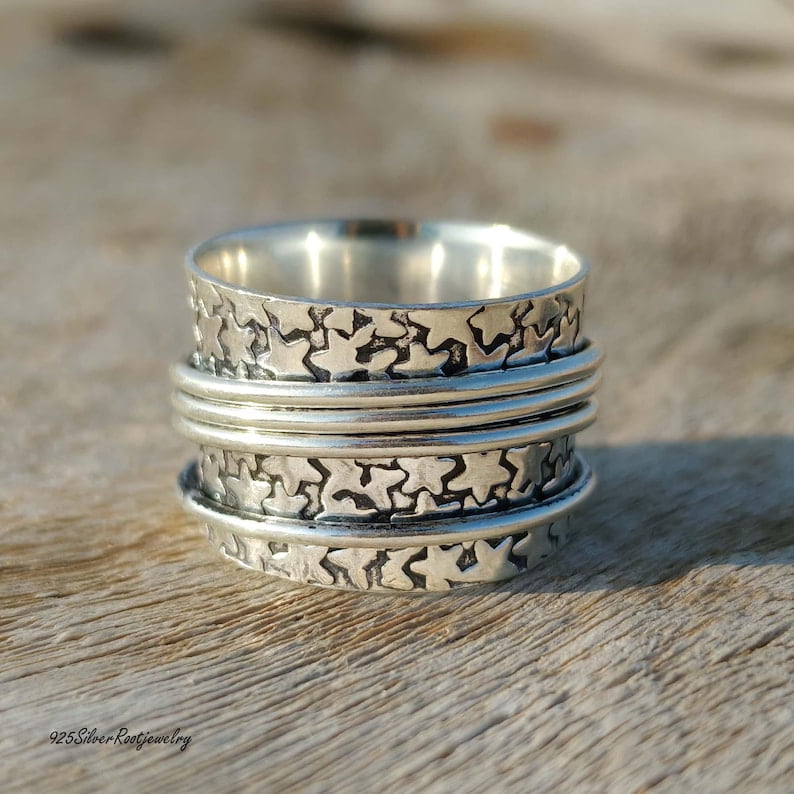 TRIDHA SILVER- Silver Spinner Ring - Celestial Star Anxiety Relief Band | 925 Sterling Silver Boho Wide Cosmic Jewelry Meditation Fidget Spinner