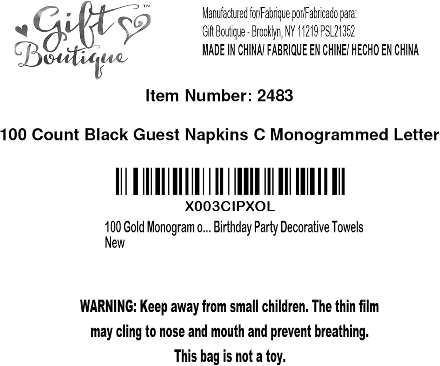 Gift Boutique 100 Gold Foil Monogram Guest Napkins Letter C on Black, Disposable Elegant Dinner Hand Towels for Bathroom & Special Events