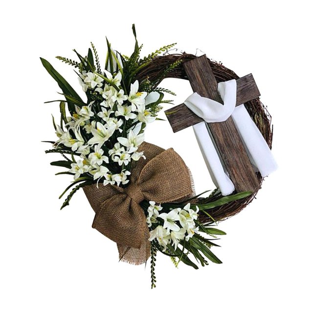 Relayinert Round Easter Door Wreath with Cross with Burlap Home Front Door Decor Rustic
