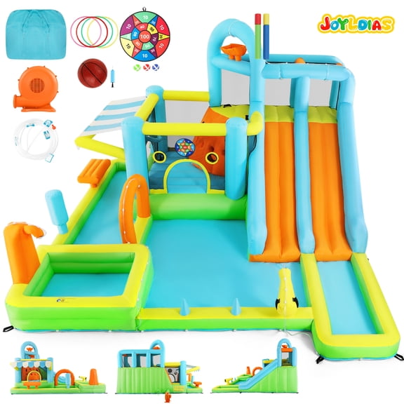 10in1 Heavy Duty Double Water Slide Inflatable Bounce House Giant Water Park w/650W Blower,Splash Pool,Sunshade,Climbing Wall,Jumping,Basketball Hoop,Ring Toss Game,Water Gun Outdoor Backyard