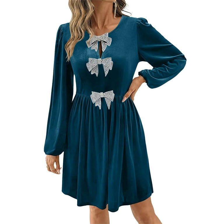 Xdegoge Womens Velvet Dress Crewnceck Short Bridesmaid Dress Elegant  Pleated Vintage Dresses Stylish Casual Dresses for Christmas Party,  Cocktail Party, Wedding Reception with Diamond Bow Button - Walmart.com