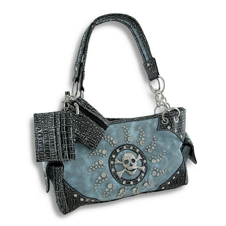 Croc Satchel Bag - Sparkling Sunburst Rhinestone Skull Concealed Carry Purse Croc Trim