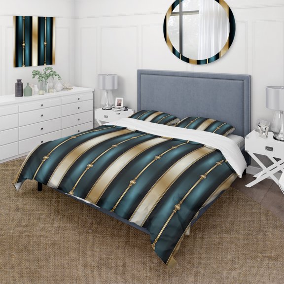 Designart "Elegant Striped Pattern In Teal And Gold" Striped Bedding Covert Set - Vintage Bed Set With 2 Shams
