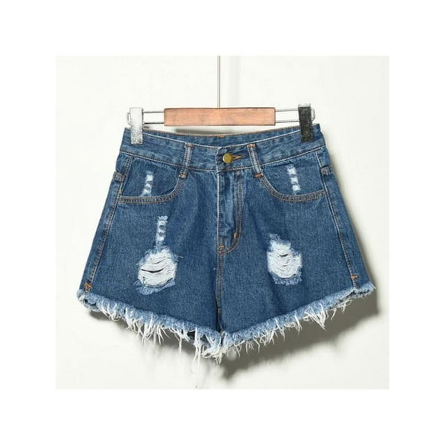 Women's Elastic Jean Shorts High Waisted Distressed Denim Fray Hem Tassels Shorts