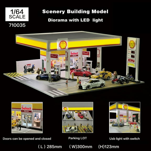 1:64 Diorama Gas Station Garage Model, LED Lighting Parking Lot Scene Display Case, Workshop Building Model, Diecast Model Cars Display Storage