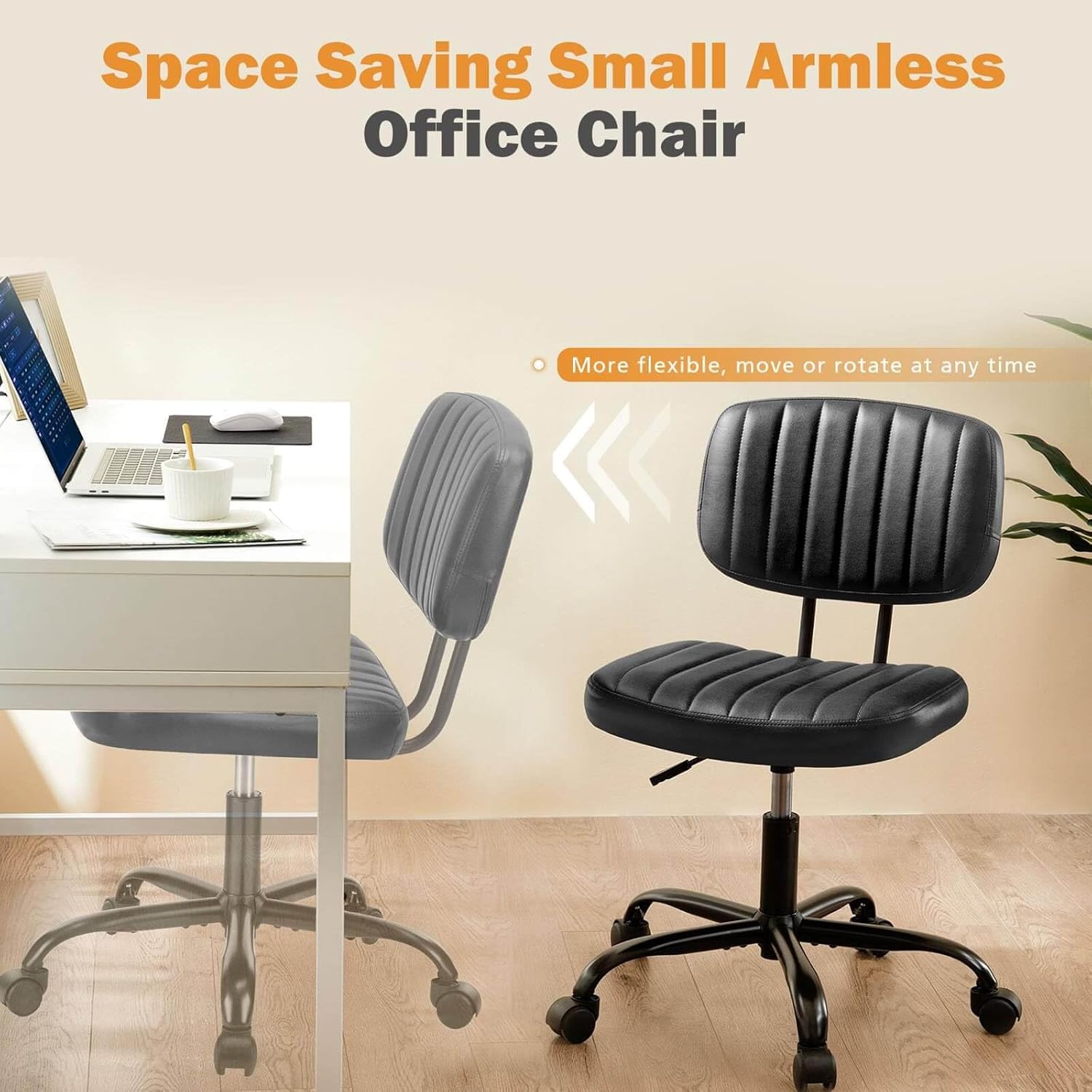 QUIOCOZY Home Office Desk Chair with Low Back and Wheels PU Leather Computer Chair Ergonomic Adjustable Height Comfy Chair Armless with Swivel Rolling Vanity Chairs for Bedroom Adult Black