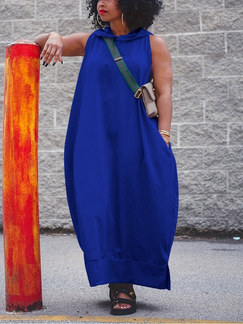 royal blue maxi dress casual Women's Oversize Tshirt Women Summer Sleeveless Dress with Pockets Hooded T-shirt Dress M it is the perfect