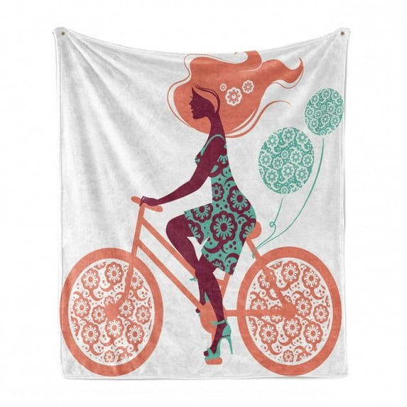 Floral Soft Flannel Fleece Throw Blanket, Flower Arrangement Silhouette of a Long Hair Girl on Bicycle Illustration, Cozy Plush for Indoor and Outdoor Use, 70" x 90", Coral and Seafoam, by Ambesonne