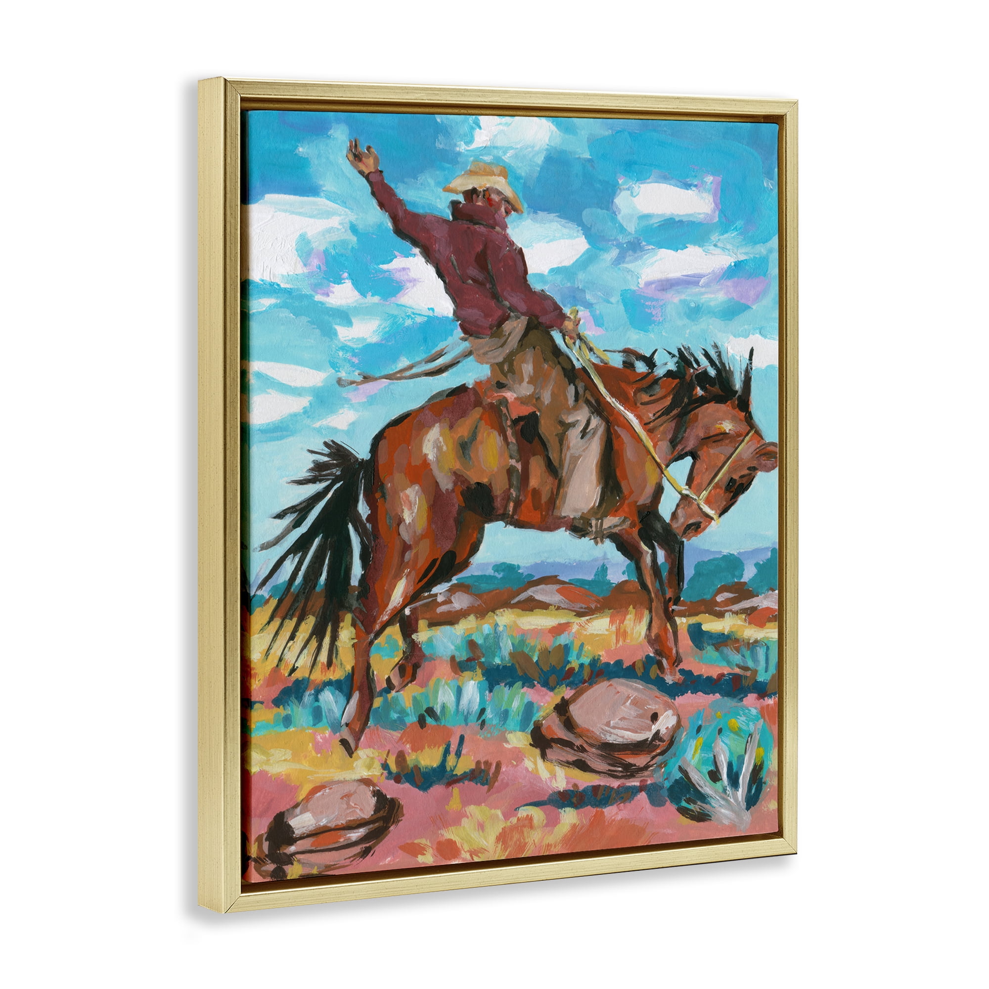 Stupell Industries Cowboy on Rearing Horse Animals Painting Gold Floater Framed Canvas Art Print Wall Art, 17 x 21