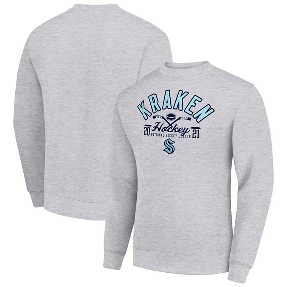 Men's Starter Heather Gray Seattle Kraken Stick And Puck Logo Fleece Pullover Sweatshirt